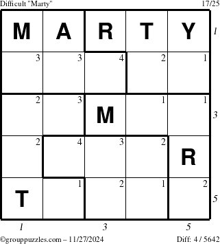 The grouppuzzles.com Difficult Marty puzzle for Wednesday November 27, 2024 with all 4 steps marked