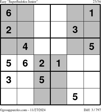 The grouppuzzles.com Easy SuperSudoku-Junior puzzle for Wednesday November 27, 2024