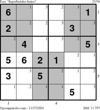 The grouppuzzles.com Easy SuperSudoku-Junior puzzle for Wednesday November 27, 2024 with all 3 steps marked