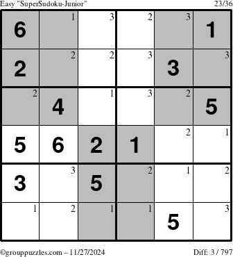 The grouppuzzles.com Easy SuperSudoku-Junior puzzle for Wednesday November 27, 2024 with the first 3 steps marked