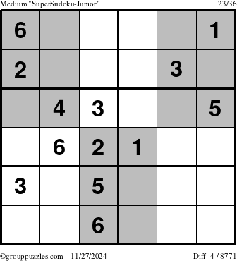 The grouppuzzles.com Medium SuperSudoku-Junior puzzle for Wednesday November 27, 2024