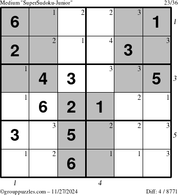 The grouppuzzles.com Medium SuperSudoku-Junior puzzle for Wednesday November 27, 2024 with all 4 steps marked