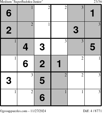 The grouppuzzles.com Medium SuperSudoku-Junior puzzle for Wednesday November 27, 2024 with the first 3 steps marked