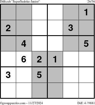 The grouppuzzles.com Difficult SuperSudoku-Junior puzzle for Wednesday November 27, 2024