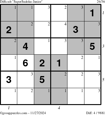 The grouppuzzles.com Difficult SuperSudoku-Junior puzzle for Wednesday November 27, 2024 with all 4 steps marked