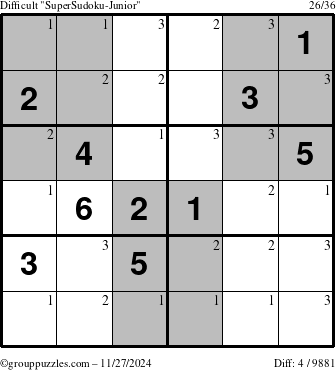 The grouppuzzles.com Difficult SuperSudoku-Junior puzzle for Wednesday November 27, 2024 with the first 3 steps marked