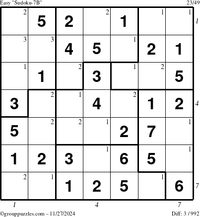 The grouppuzzles.com Easy Sudoku-7B puzzle for Wednesday November 27, 2024 with all 3 steps marked