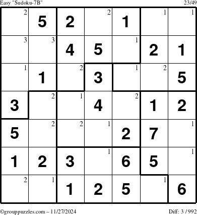 The grouppuzzles.com Easy Sudoku-7B puzzle for Wednesday November 27, 2024 with the first 3 steps marked