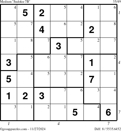 The grouppuzzles.com Medium Sudoku-7B puzzle for Wednesday November 27, 2024, suitable for printing, with all 8 steps marked