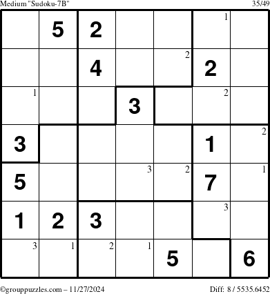 The grouppuzzles.com Medium Sudoku-7B puzzle for Wednesday November 27, 2024 with the first 3 steps marked