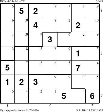 The grouppuzzles.com Difficult Sudoku-7B puzzle for Wednesday November 27, 2024 with all 10 steps marked