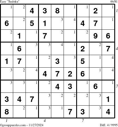 The grouppuzzles.com Easy Sudoku puzzle for Wednesday November 27, 2024, suitable for printing, with all 4 steps marked