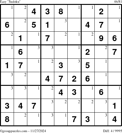 The grouppuzzles.com Easy Sudoku puzzle for Wednesday November 27, 2024 with the first 3 steps marked