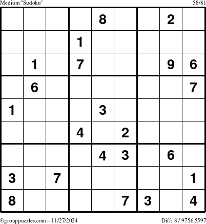 The grouppuzzles.com Medium Sudoku puzzle for Wednesday November 27, 2024