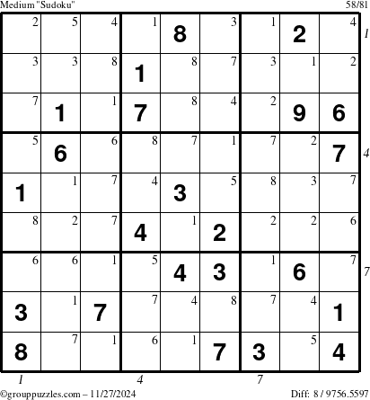 The grouppuzzles.com Medium Sudoku puzzle for Wednesday November 27, 2024 with all 8 steps marked