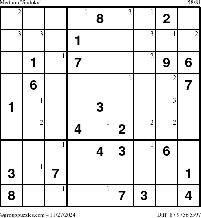 The grouppuzzles.com Medium Sudoku puzzle for Wednesday November 27, 2024 with the first 3 steps marked