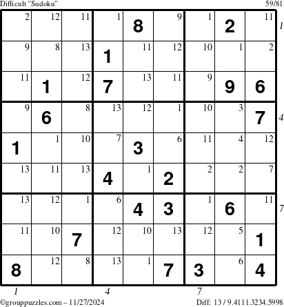 The grouppuzzles.com Difficult Sudoku puzzle for Wednesday November 27, 2024 with all 13 steps marked