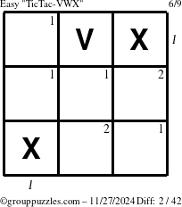 The grouppuzzles.com Easy TicTac-VWX puzzle for Wednesday November 27, 2024 with all 2 steps marked