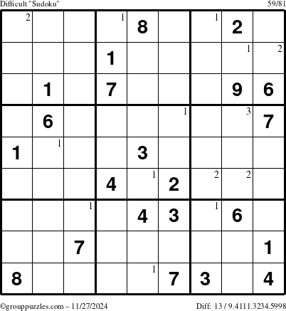 The grouppuzzles.com Difficult Sudoku puzzle for Wednesday November 27, 2024 with the first 3 steps marked