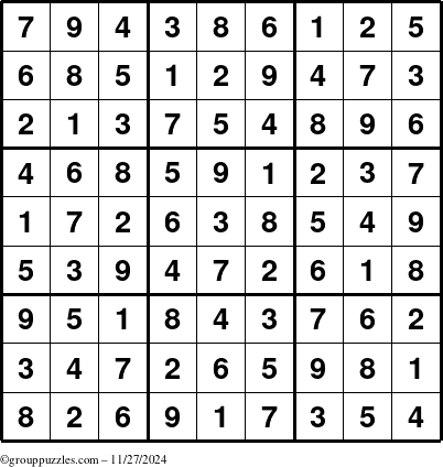 The grouppuzzles.com Answer grid for the Sudoku puzzle for Wednesday November 27, 2024