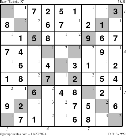 The grouppuzzles.com Easy Sudoku-X puzzle for Wednesday November 27, 2024 with all 3 steps marked