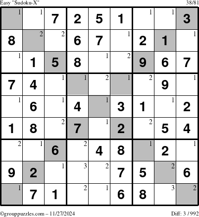 The grouppuzzles.com Easy Sudoku-X puzzle for Wednesday November 27, 2024 with the first 3 steps marked