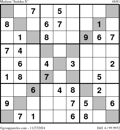 The grouppuzzles.com Medium Sudoku-X puzzle for Wednesday November 27, 2024