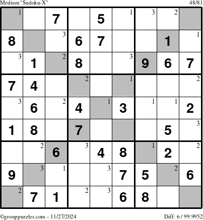 The grouppuzzles.com Medium Sudoku-X puzzle for Wednesday November 27, 2024 with the first 3 steps marked