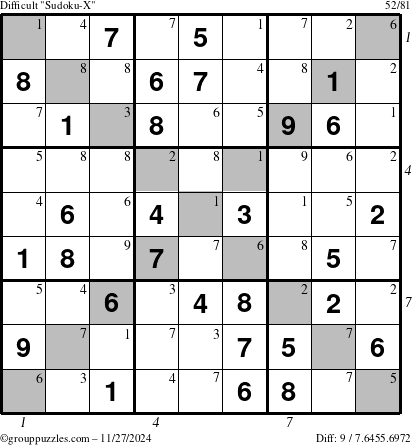 The grouppuzzles.com Difficult Sudoku-X puzzle for Wednesday November 27, 2024 with all 9 steps marked