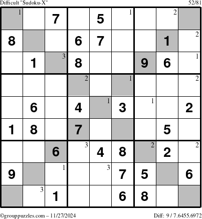 The grouppuzzles.com Difficult Sudoku-X puzzle for Wednesday November 27, 2024 with the first 3 steps marked