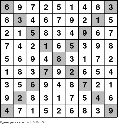 The grouppuzzles.com Answer grid for the Sudoku-X puzzle for Wednesday November 27, 2024