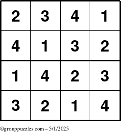 The grouppuzzles.com Answer grid for the Sudoku-4 puzzle for Thursday May 1, 2025