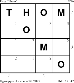 The grouppuzzles.com Easy Thom puzzle for Thursday May 1, 2025 with all 3 steps marked