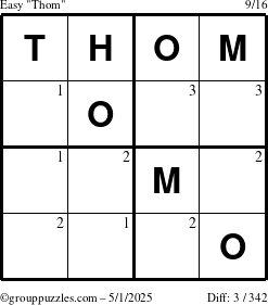The grouppuzzles.com Easy Thom puzzle for Thursday May 1, 2025 with the first 3 steps marked