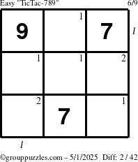 The grouppuzzles.com Easy TicTac-789 puzzle for Thursday May 1, 2025 with all 2 steps marked