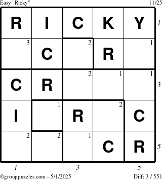 The grouppuzzles.com Easy Ricky puzzle for Thursday May 1, 2025 with all 3 steps marked