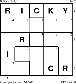The grouppuzzles.com Difficult Ricky puzzle for Thursday May 1, 2025 with all 4 steps marked