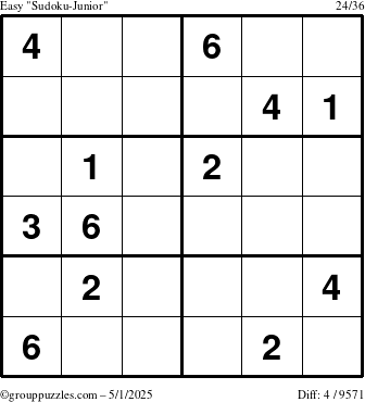 The grouppuzzles.com Easy Sudoku-Junior puzzle for Thursday May 1, 2025