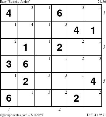 The grouppuzzles.com Easy Sudoku-Junior puzzle for Thursday May 1, 2025 with all 4 steps marked