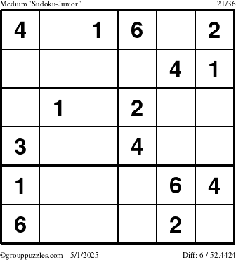 The grouppuzzles.com Medium Sudoku-Junior puzzle for Thursday May 1, 2025