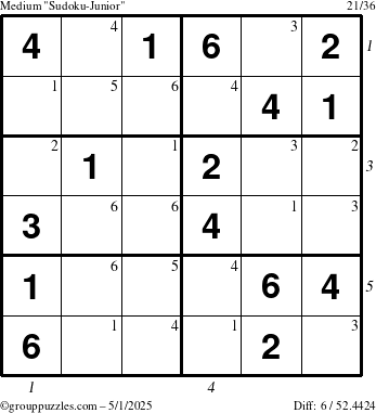 The grouppuzzles.com Medium Sudoku-Junior puzzle for Thursday May 1, 2025 with all 6 steps marked