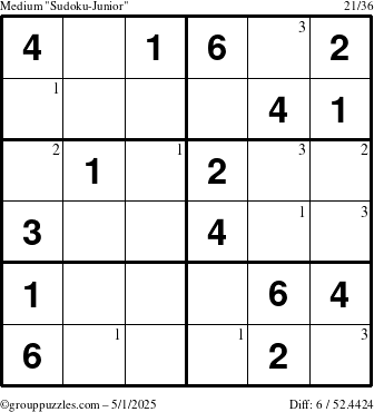 The grouppuzzles.com Medium Sudoku-Junior puzzle for Thursday May 1, 2025 with the first 3 steps marked