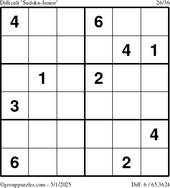 The grouppuzzles.com Difficult Sudoku-Junior puzzle for Thursday May 1, 2025