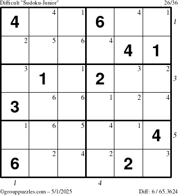 The grouppuzzles.com Difficult Sudoku-Junior puzzle for Thursday May 1, 2025 with all 6 steps marked