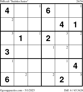 The grouppuzzles.com Difficult Sudoku-Junior puzzle for Thursday May 1, 2025 with the first 3 steps marked