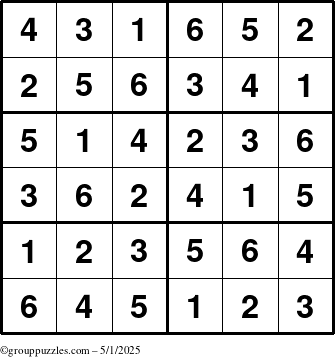 The grouppuzzles.com Answer grid for the Sudoku-Junior puzzle for Thursday May 1, 2025