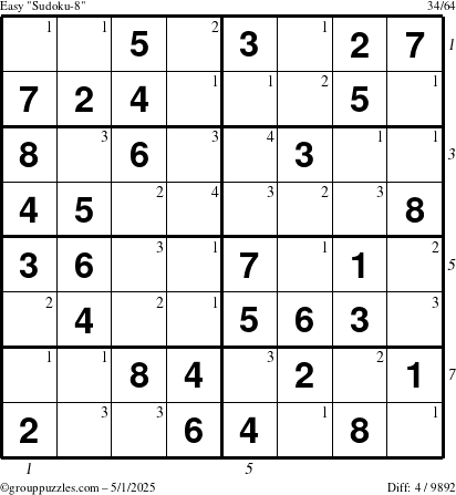 The grouppuzzles.com Easy Sudoku-8 puzzle for Thursday May 1, 2025 with all 4 steps marked