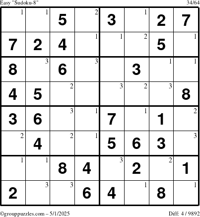 The grouppuzzles.com Easy Sudoku-8 puzzle for Thursday May 1, 2025 with the first 3 steps marked