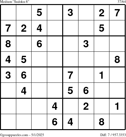 The grouppuzzles.com Medium Sudoku-8 puzzle for Thursday May 1, 2025