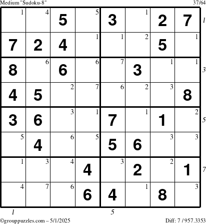 The grouppuzzles.com Medium Sudoku-8 puzzle for Thursday May 1, 2025 with all 7 steps marked